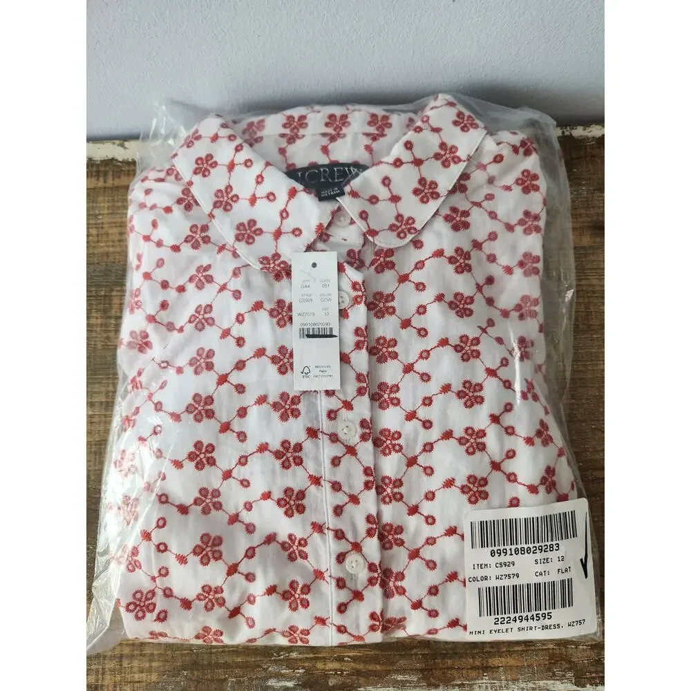 NWT J. Crew Mini Eyelet Shirt-Dress Crimson On White Eyelet Preppy Classic 12